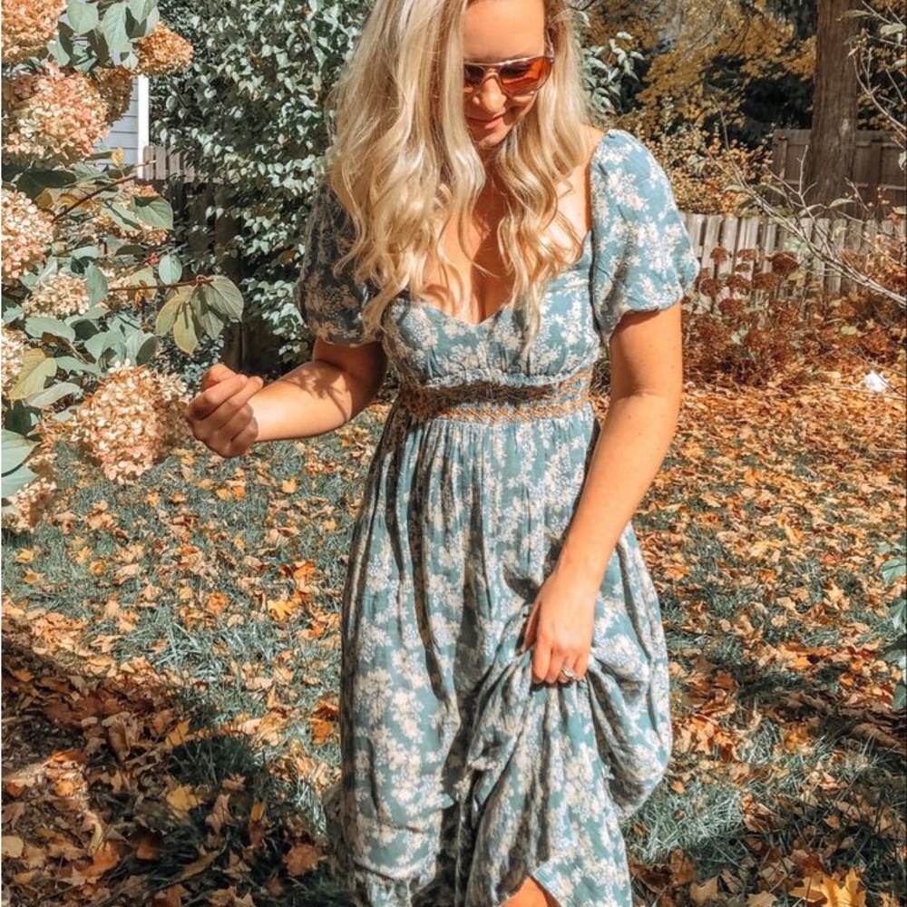 Free People Ellie Teal Floral Midi Dress- XS